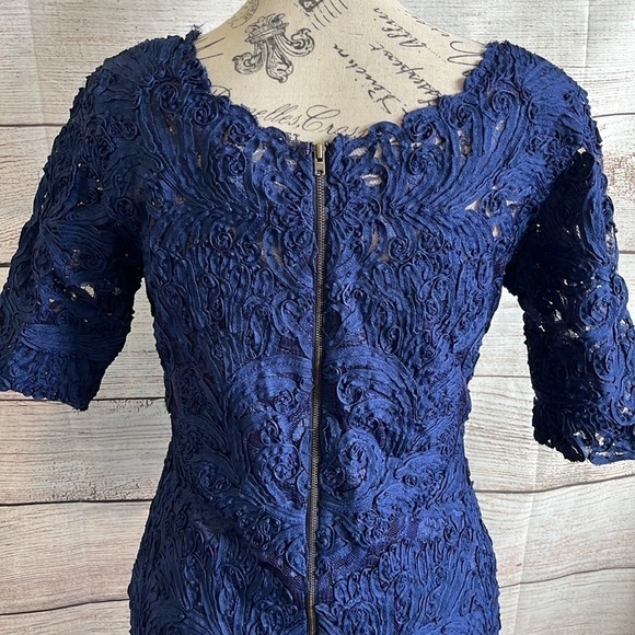 Yoana  Baraschi Blue Lace Dress Sheath Arabesque Short Sleeves Size 4 - Picture 7 of 11